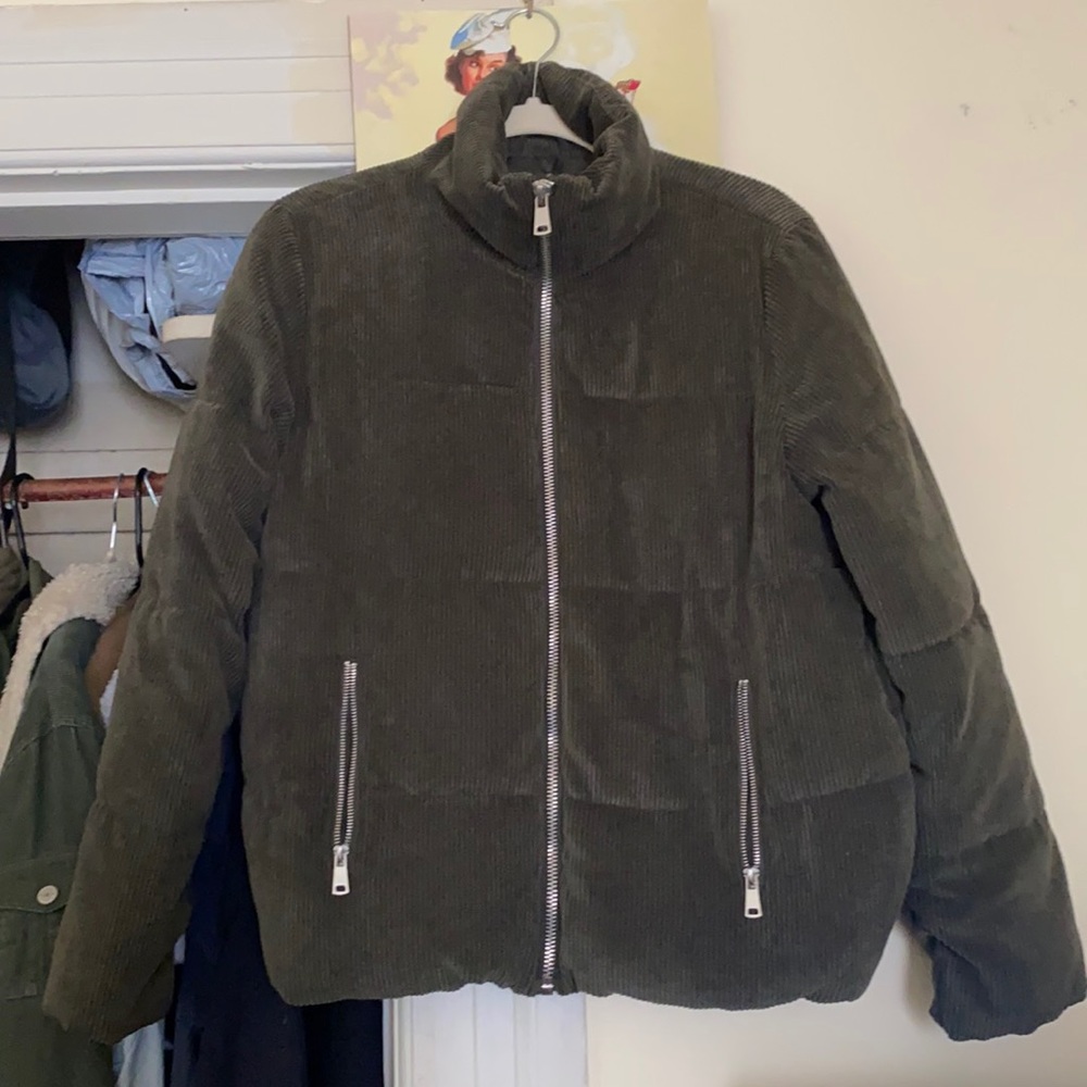 Dark olive green corduroy puffer jacket